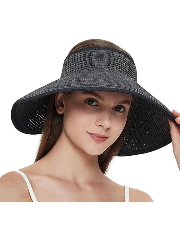 Women Straw Sun Visor Wide Brim Straw Sun Hat Floppy Foldable Ponytail Beach Hat Roll Up Empty Top Cap