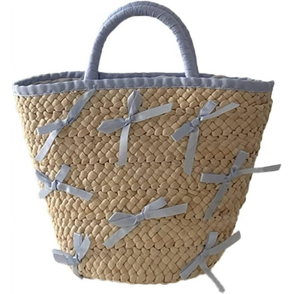 Kukuzhu Women Straw Tote Bag Cute Top-handle Handbag Summer Beach Bag Straw Rattan Clutch Bag with Bowknot Decoration