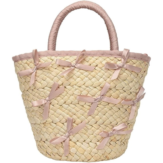 Kukuzhu Women Straw Tote Bag Cute Top-handle Handbag Summer Beach Bag Straw Rattan Clutch Bag with Bowknot Decoration
