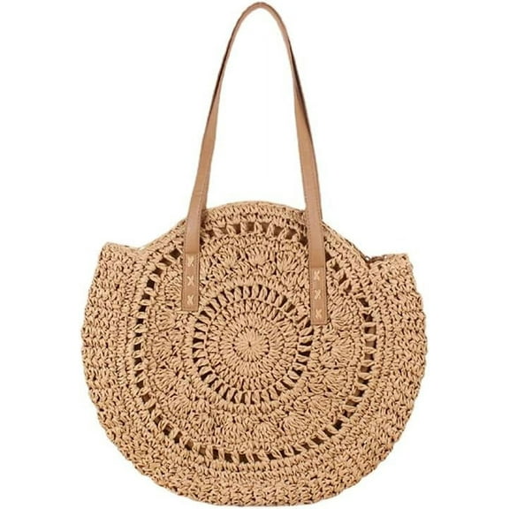 Kukuzhu Women Straw Woven Tote Handbag Round Beach Shoulder Bag Women Straw Bag CrossBody Bag Message Handbag Tote Bag