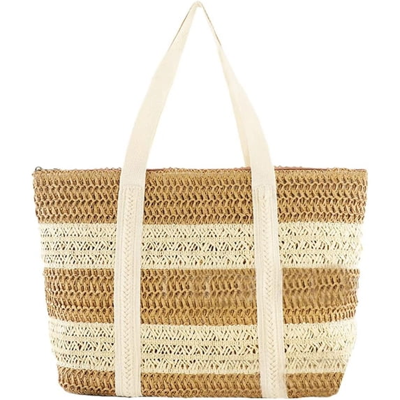 Kukuzhu Women Stripe Straw Tote Bag Large Handmade Woven Beach Bag Summer Elegant Travel Shoulder Bag