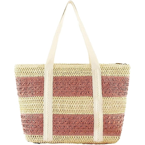Kukuzhu Women Stripe Straw Tote Bag Large Handmade Woven Beach Bag Summer Elegant Travel Shoulder Bag