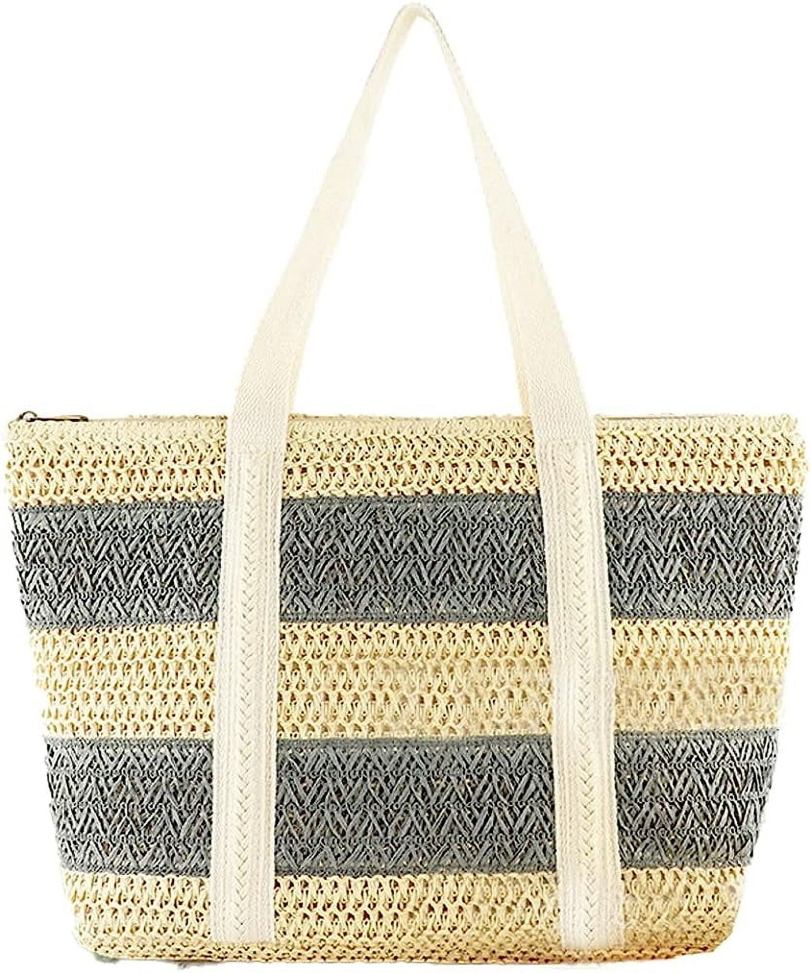 Kukuzhu Women Stripe Straw Tote Bag Large Handmade Woven Beach Bag ...