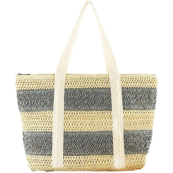 Kukuzhu Women Stripe Straw Tote Bag Large Handmade Woven Beach Bag Summer Elegant Travel Shoulder Bag
