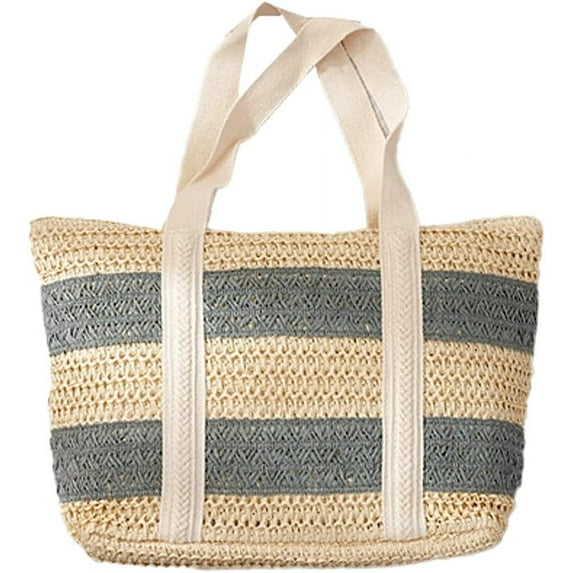 Kukuzhu Women Stripe Straw Tote Bag Trendy Large Handmade Woven Beach Bag Summer Elegant Travel Shoulder Bag