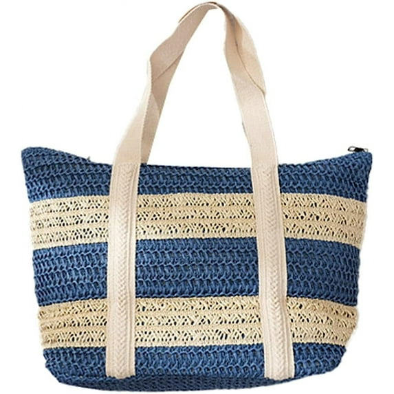 Kukuzhu Women Stripe Straw Tote Bag Trendy Large Handmade Woven Beach Bag Summer Elegant Travel Shoulder Bag