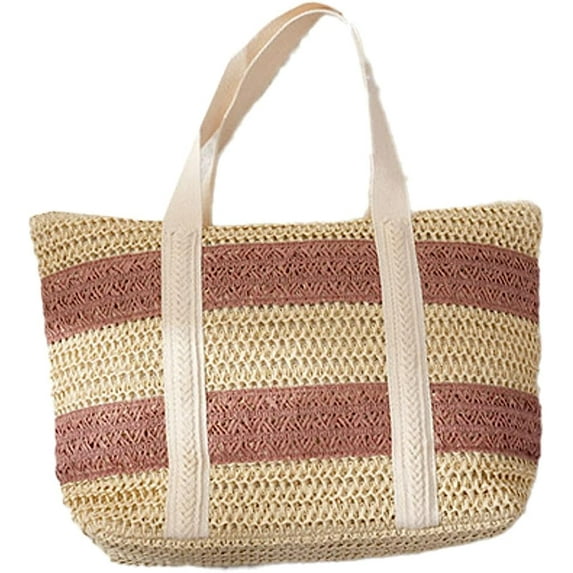 Kukuzhu Women Stripe Straw Tote Bag Trendy Large Handmade Woven Beach Bag Summer Elegant Travel Shoulder Bag