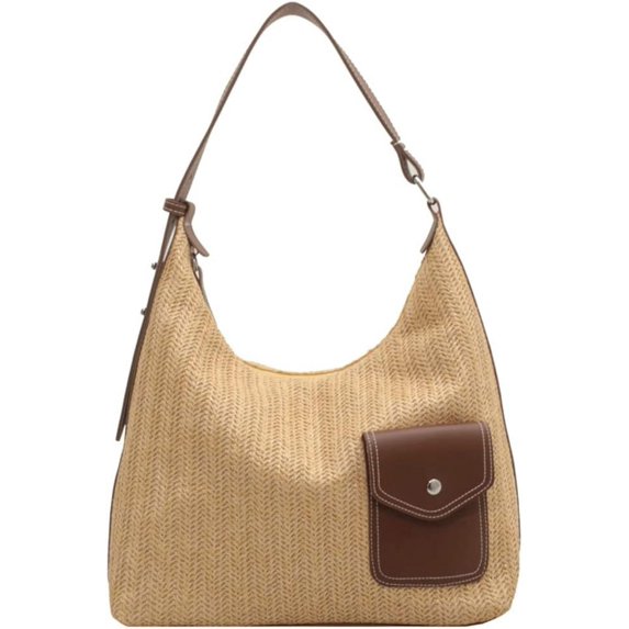 Kukuzhu Women Summer Beach Shoulder Bag Casual Beach Woven Straw Tote Bag with PU Pockets