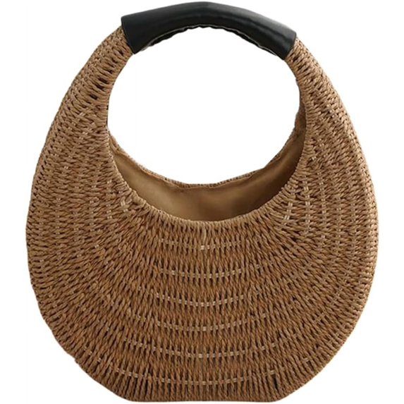 Kukuzhu Women Summer Beach Straw Handbag Trendy Small Round Woven Travel Tote Bag Shoulder Bag