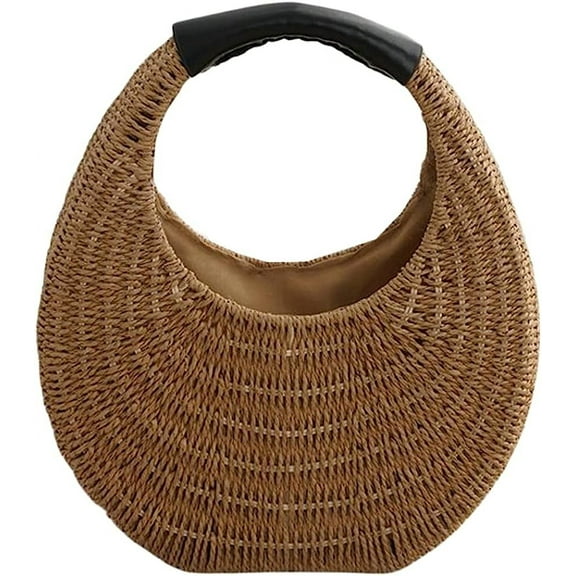 Kukuzhu Women Summer Beach Straw Handbag Trendy Small Round Woven Travel Tote Bag Shoulder Bag