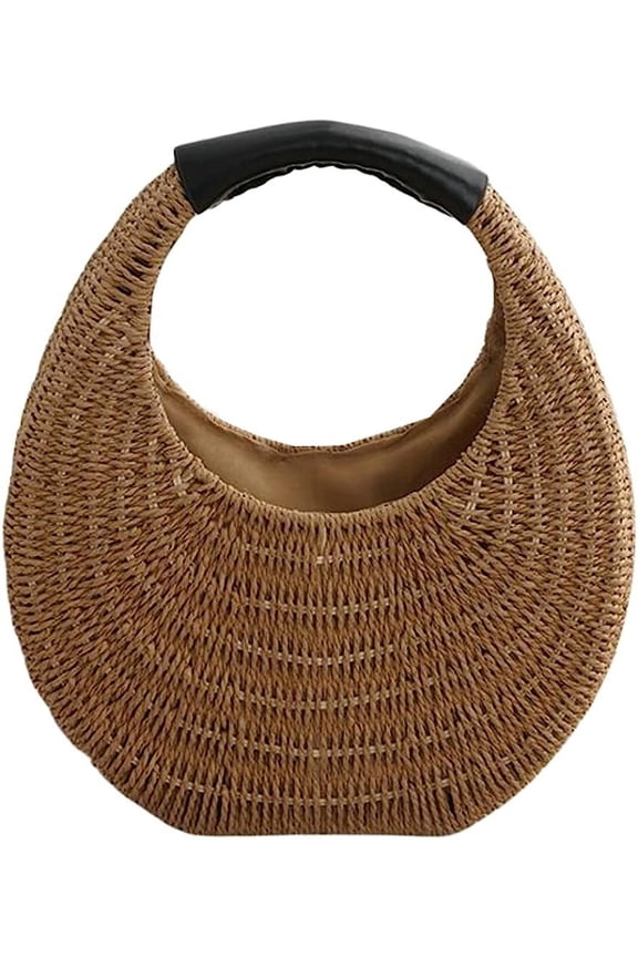 Women Summer Beach Straw Handbag Trendy Small Round Woven Travel Tote Bag Shoulder Bag