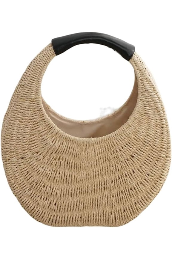 Women Summer Beach Straw Handbag Trendy Small Round Woven Travel Tote Bag Shoulder Bag