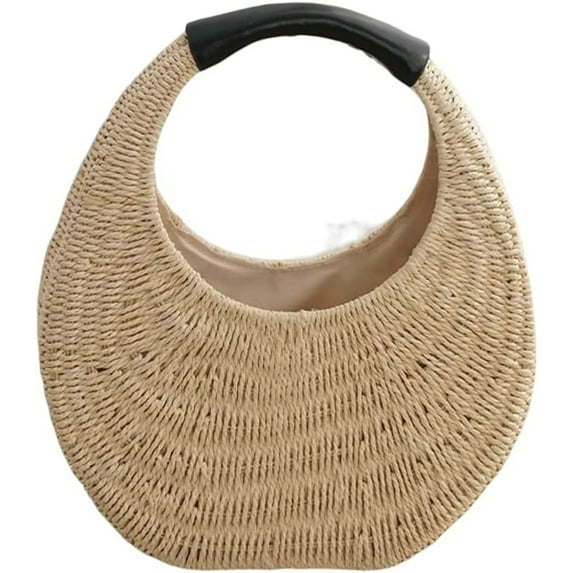 Kukuzhu Women Summer Beach Straw Handbag Trendy Small Round Woven Travel Tote Bag Shoulder Bag