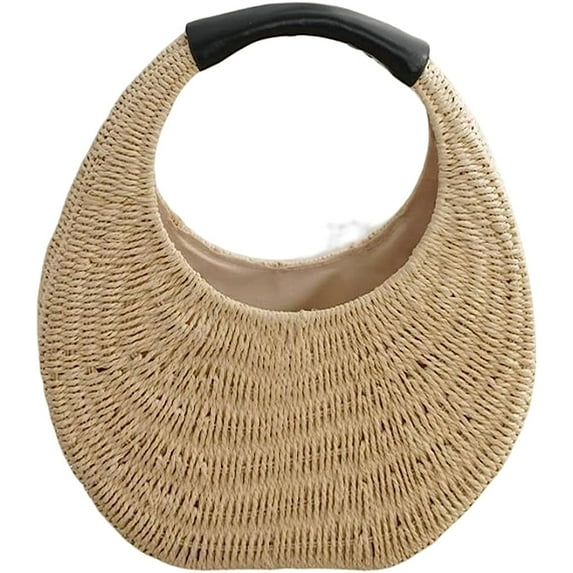 Kukuzhu Women Summer Beach Straw Handbag Trendy Small Round Woven Travel Tote Bag Shoulder Bag