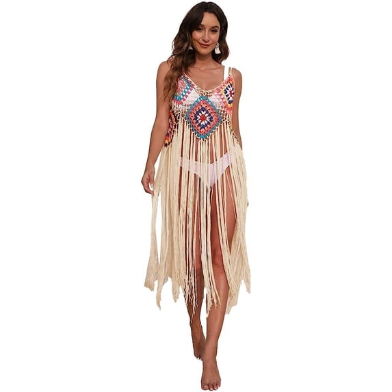 Kukuzhu Women Swimsuit Coverups Crochet Floral Long Fringe Hem Beach Swimsuit Bikini Tassel Slip Dress Cover Up Pool Swimwear
