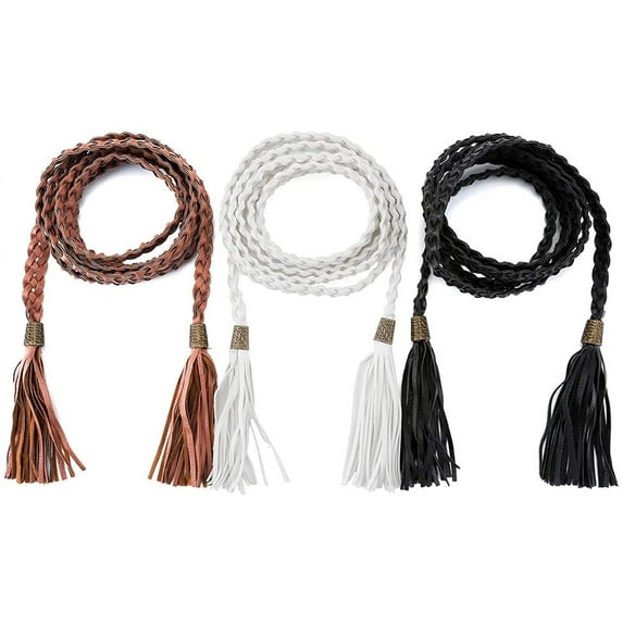 Kukuzhu Women Tassel Braided Waist Belt Skinny Woven Belt for Dress