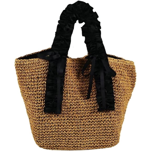 Kukuzhu Women Tote Bag Silk Handle Straw Woven Trendy Handbag Ladies Girls Holiday Beach Travel Bag