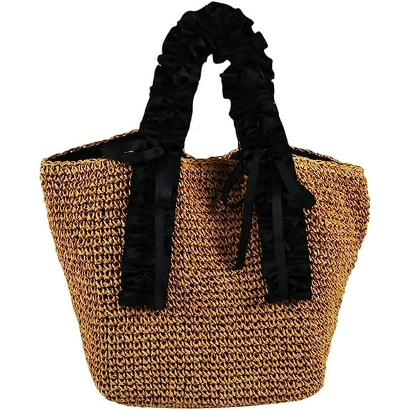 Kukuzhu Women Tote Bag Silk Handle Straw Woven Trendy Handbag Ladies Girls Holiday Beach Travel Bag
