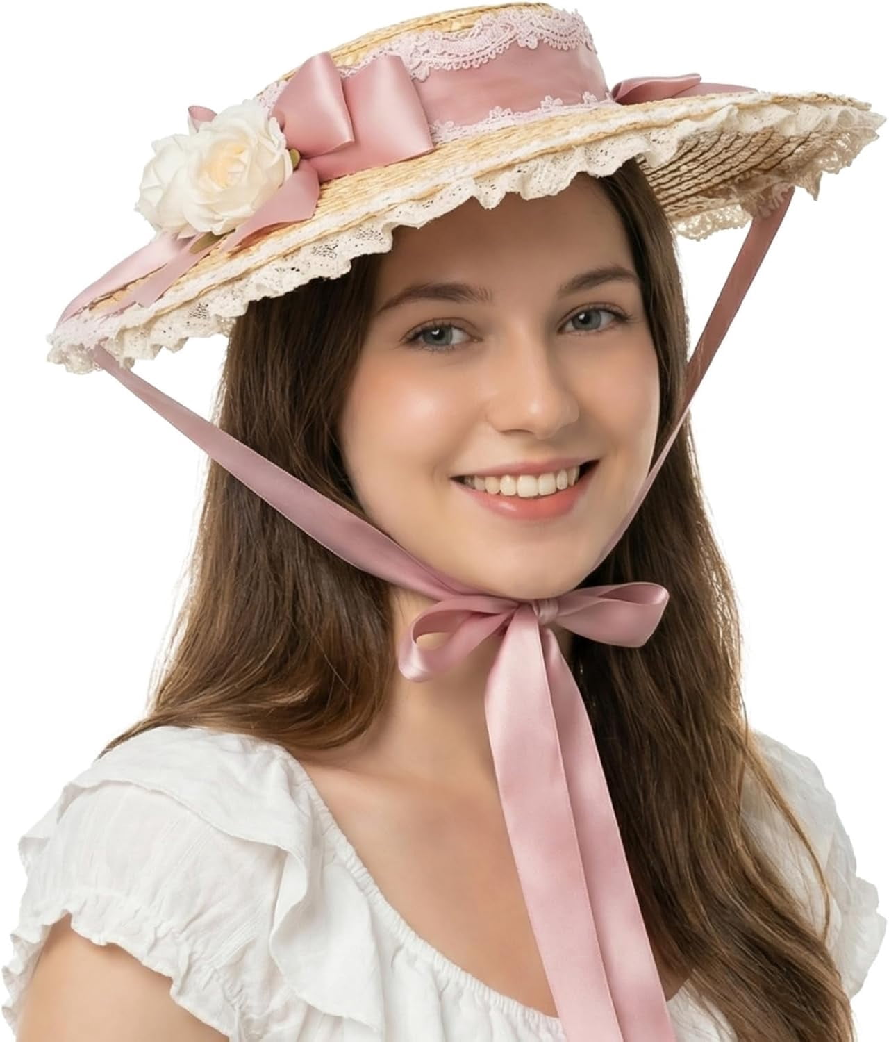 Kukuzhu Women Victorian Tea Party Sun Hat, Lolita Bows Flower Ribbon Flat Straw Hat Summer Beach Bonnet Cap for Travel
