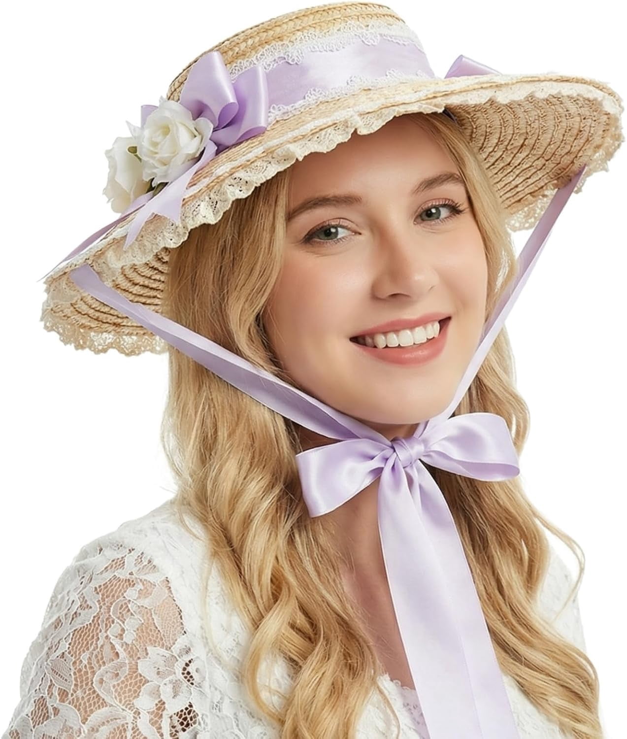 Kukuzhu Women Victorian Tea Party Sun Hat, Lolita Bows Flower Ribbon Flat Straw Hat Summer Beach Bonnet Cap for Travel
