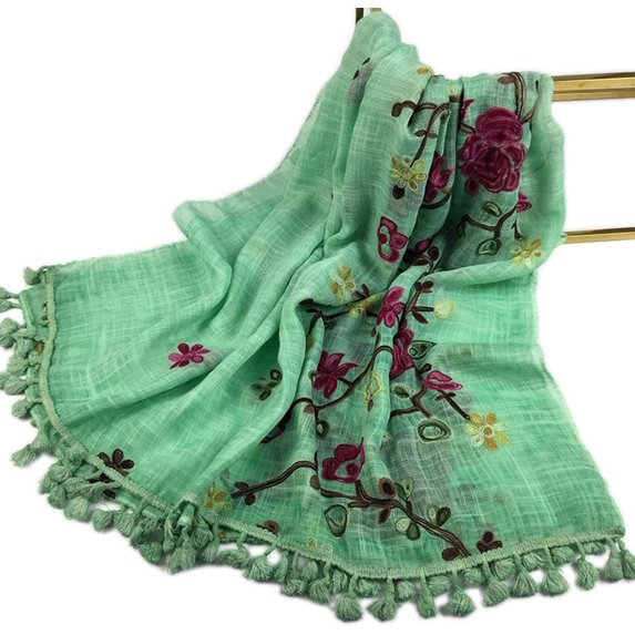 Kukuzhu Women Vintage Embroidery Flower Tassels Scarves Lightweight Cotton Linen Scarf