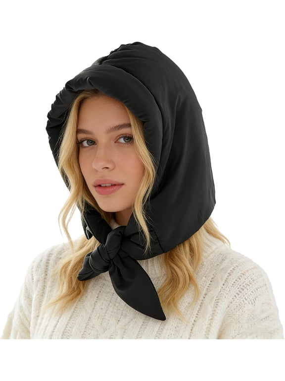 Women Winter Down Trapper Hat Hooded Scarf Beanie One Piece Trooper Cap Windproof Warm Earflap Hat with Chin Strap