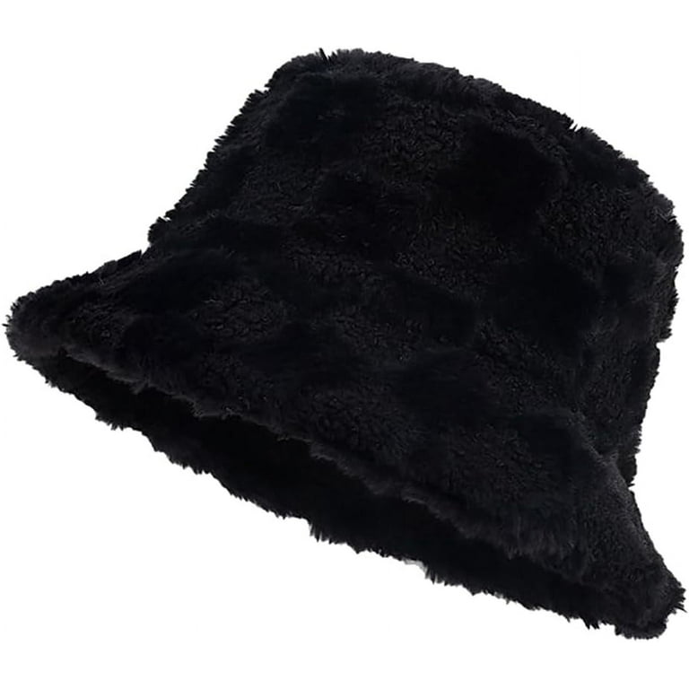 Kukuzhu Women Winter Faux Fur Plaid Bucket Hat Fuzzy Warm Stylish Fisherman  Caps for Men Teen Girls Fishing Hat 