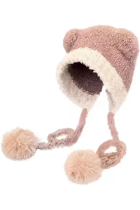Women Y2K Bear Ear Beanie Hat with Pom Poms Cute Kawaii Accessories Grunge Crochet Knitted Slouchy Caps Alt Emo Clothes