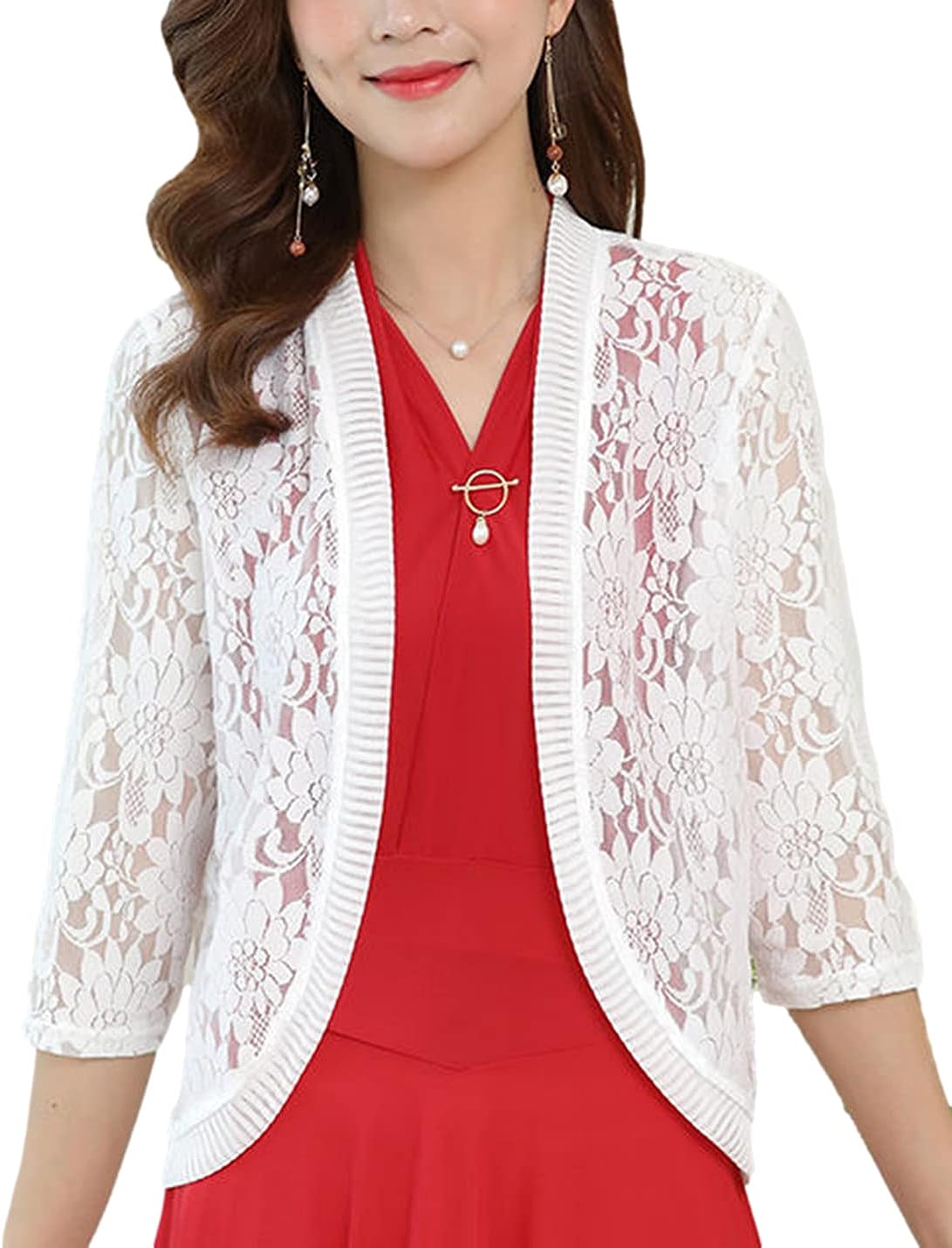 Kukuzhu Women’s 3/4 Sleeve Floral Lace Crochet Cardigan Cropped Bolero Jacket Shrugs