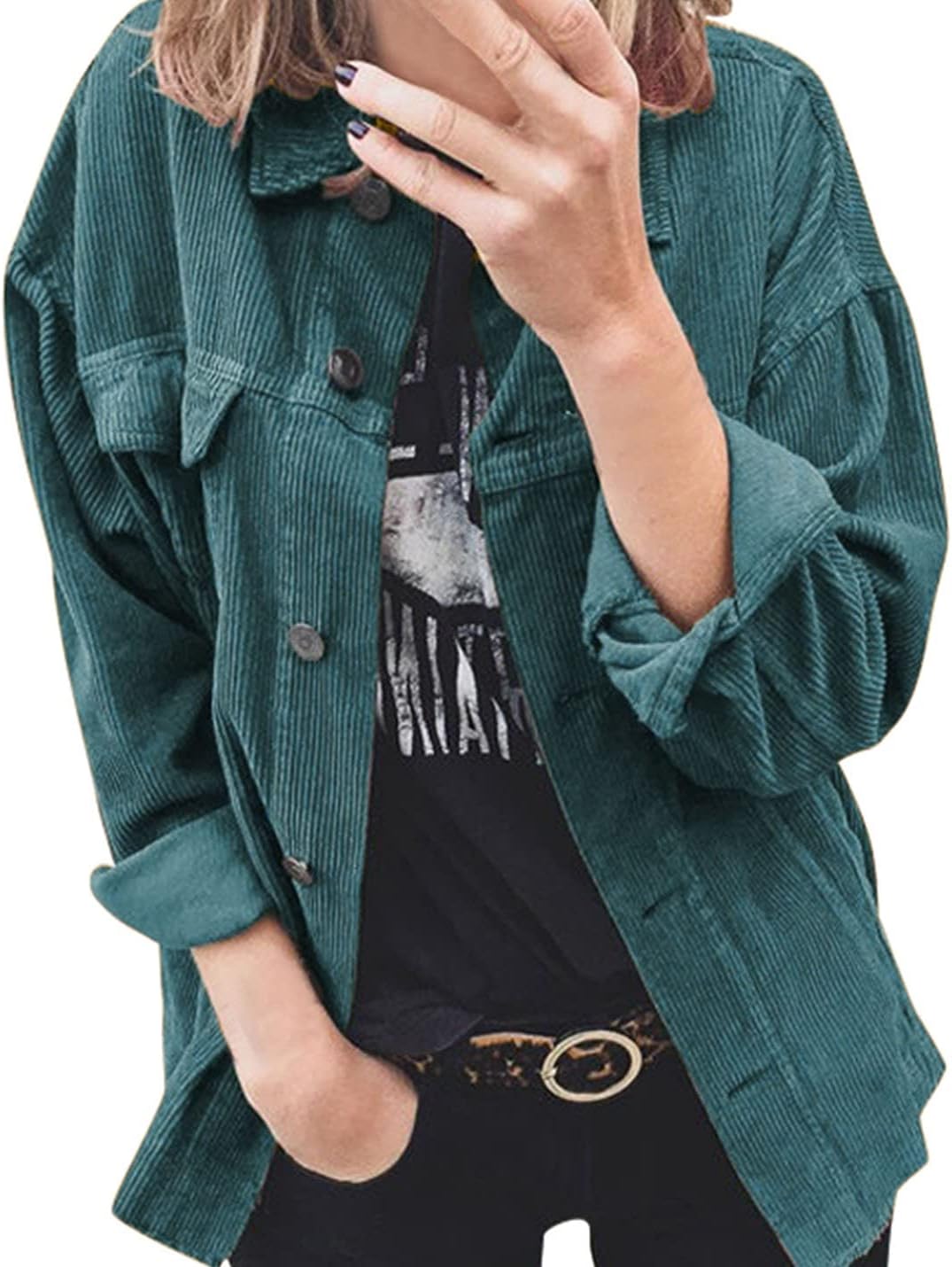 Kukuzhu Women's Boyfriend Button Down Corduroy Shirt Jacket Blouse