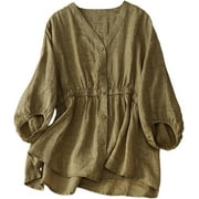 Kukuzhu Women's Casual Cotton Linen Shirt Loose V Neck 3/4 Sleeve Blouse Tops