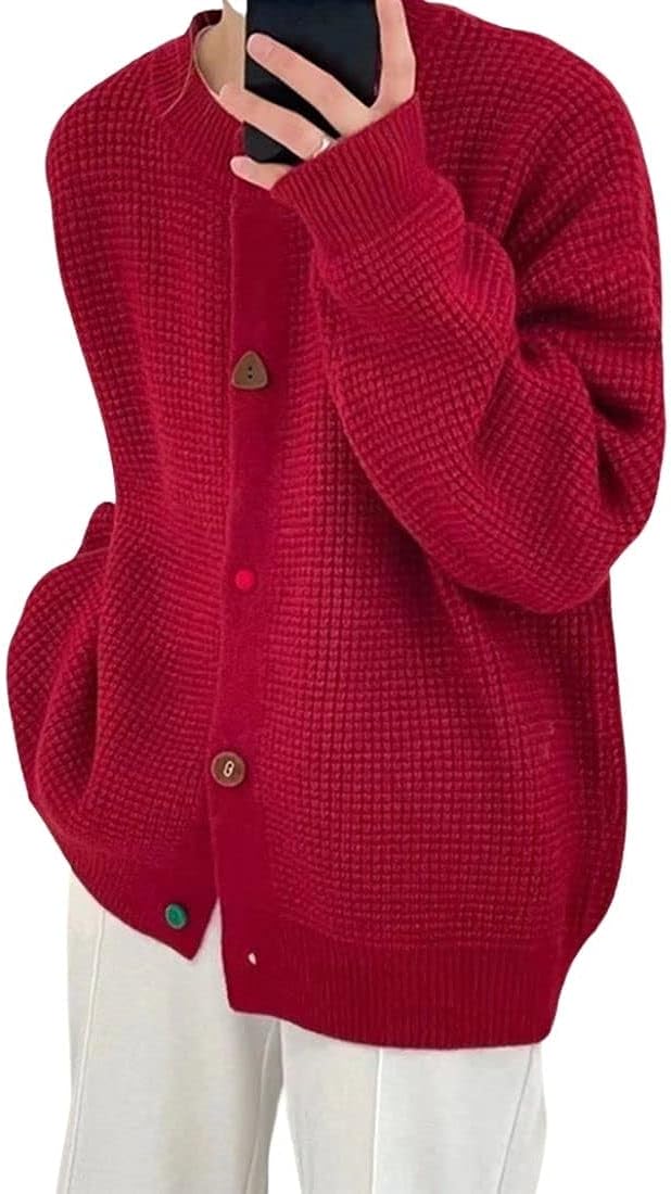 Kukuzhu Women’s Casual Waffle Knitted Cardigan Crew Neck Long Sleeve