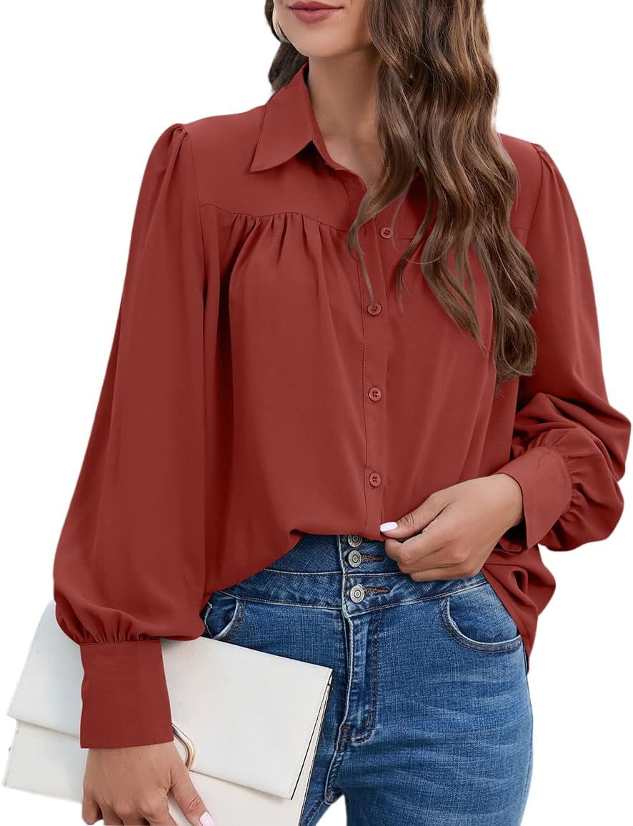 Kukuzhu Women's Chiffon Button Down Shirts Pleated Office Blouses