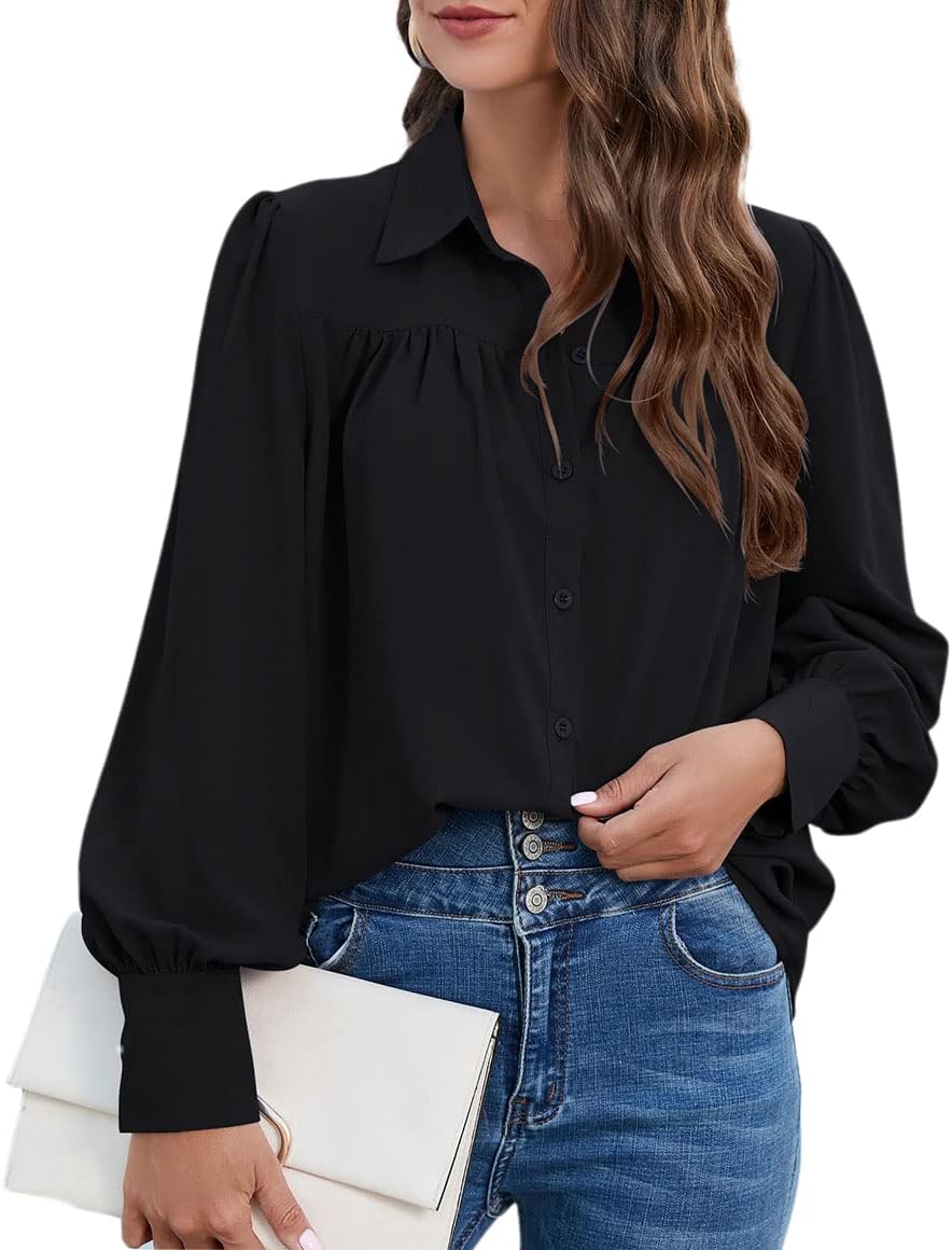 Kukuzhu Women's Chiffon Button Down Shirts Pleated Office Blouses