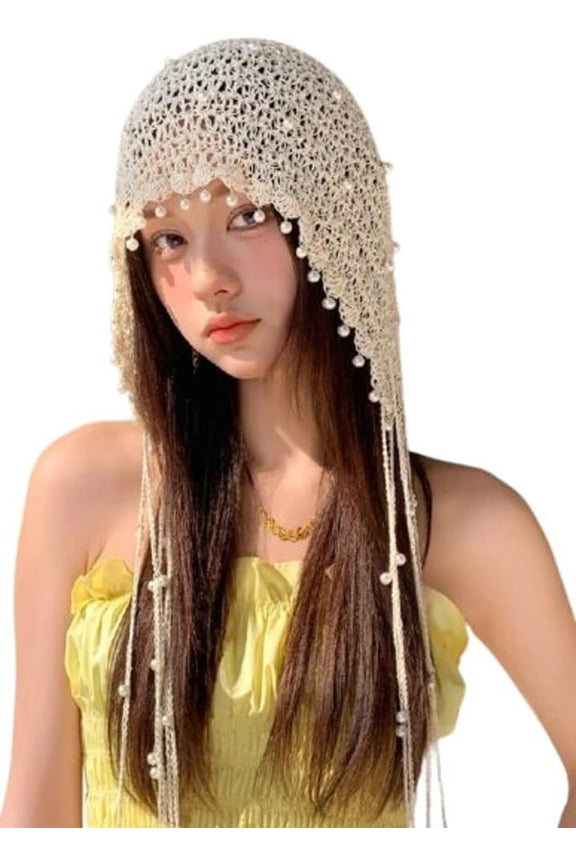 Women's Crochet Handmade Beanie Boho Tassel Skull Cap with Pearls Summer Beach Slouchy Hat Fashion