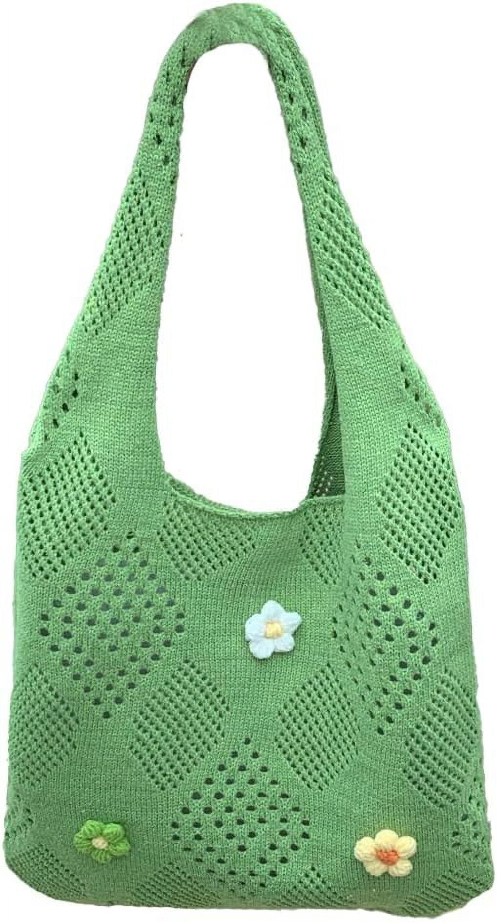 Kukuzhu Women's Crochet Tramp Bag Knitted Tote Bag Shoulder Floral Pattern Tote Bag Vintage Wool Shopping Bag Hand-Woven Bag