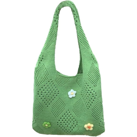 Kukuzhu Women's Crochet Tramp Bag Knitted Tote Bag Shoulder Floral Pattern Tote Bag Vintage Wool Shopping Bag Hand-Woven Bag
