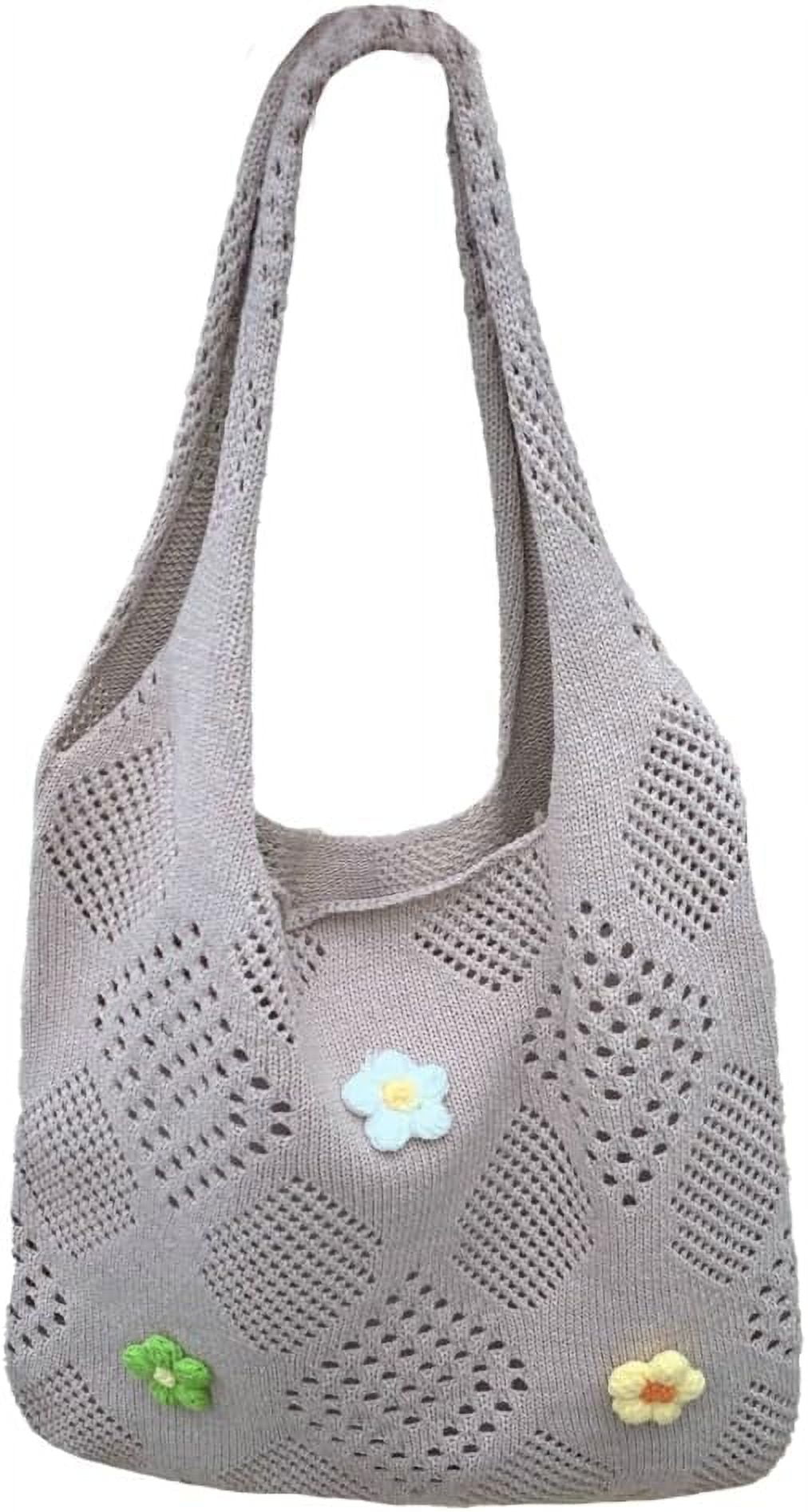 Kukuzhu Women's Crochet Tramp Bag Knitted Tote Bag Shoulder Floral Pattern Tote Bag Vintage Wool Shopping Bag Hand-Woven Bag