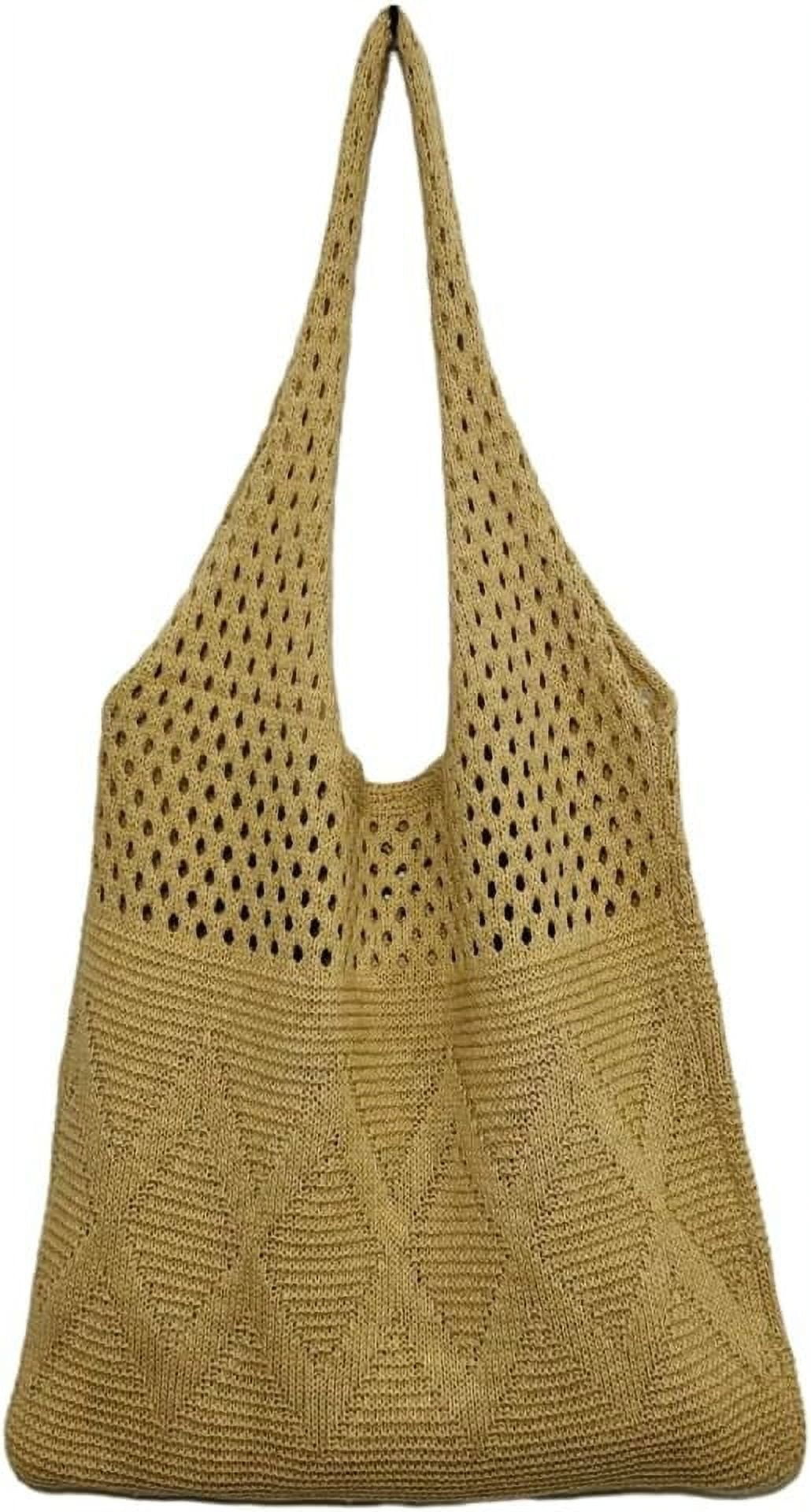 Kukuzhu Women's Crocheted Tote Bag Knitted Hobo Beach Bag Aesthetic Handmade Shoulder Handbag Cute Purse Travel Shopper
