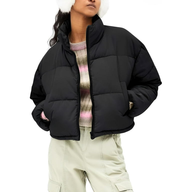 Black squirrely cropped puffer jacket outfit
