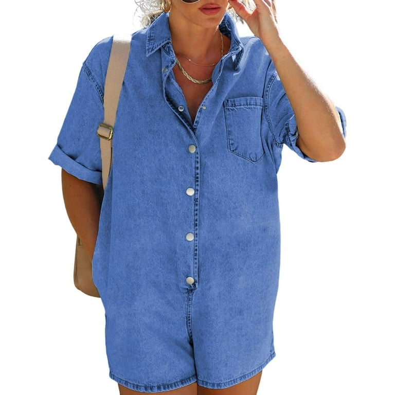 Kukuzhu Women s Denim Short Romper Casual Loose Short Sleeve Button Down One Piece Short Jean Jumpsuits with Pockets Walmart