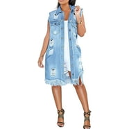 Flygo Women's Plus Size Distressed Denim Vest - Button-Down Sleeveless Jean Jacket With Chest Pockets