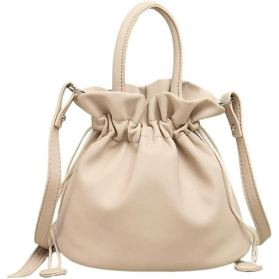 Kukuzhu Women's Drawstring Bucket Bag Soft Leather Pleated Pop Fashion One-shoulder Cross-body Bag Vintage Versatile Tote Bag
