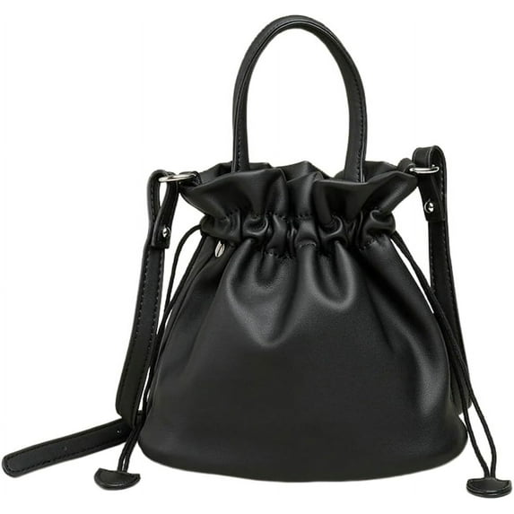Kukuzhu Women's Drawstring Bucket Bag Soft Leather Pleated Pop Fashion One-shoulder Cross-body Bag Vintage Versatile Tote Bag