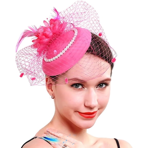 Kukuzhu Women's Fascinators Hats 20s 50s Pillbox Hat Tea Party Hats with Pearl Feather Mesh Veil Derby Hat for Wedding Cup Headpiece
