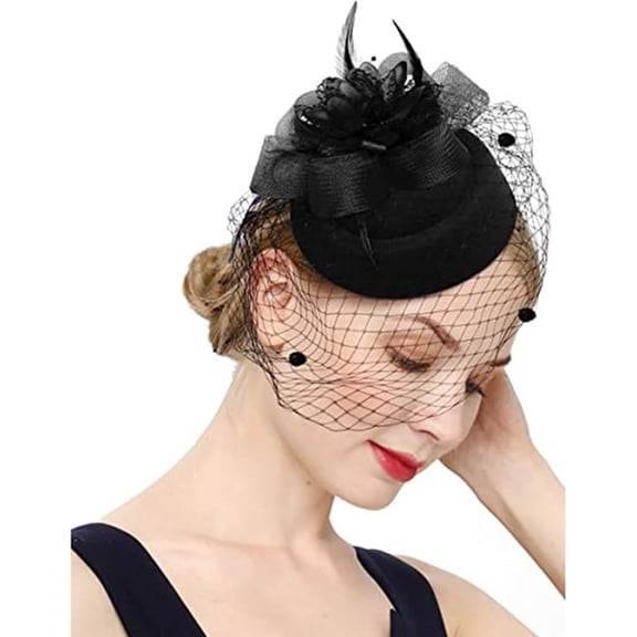 Kukuzhu Women's Fascinators Hats 20s 50s Pillbox Hat Tea Party Hats with Pearl Feather Mesh Veil Derby Hat for Wedding Cup Headpiece