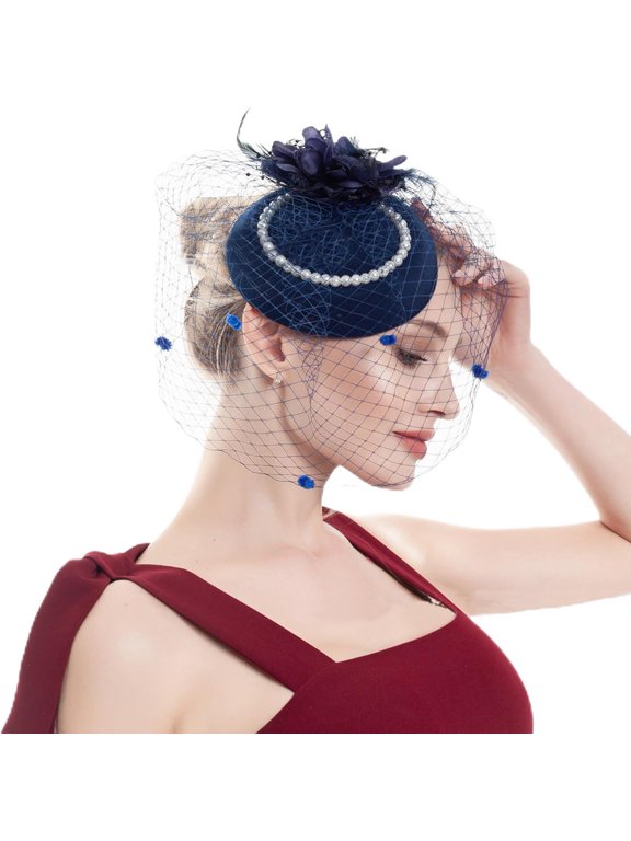 Women's Fascinators Hats 20s 50s Pillbox Hat Tea Party Hats with Pearl Feather Mesh Veil Derby Hat for Wedding Cup Headpiece