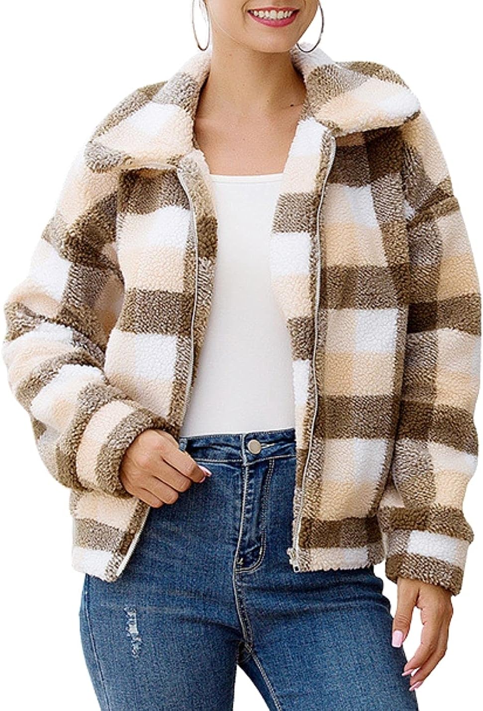 Kukuzhu Women’s Faux Fur Plaid Jacket Fluffy Sherpa Fleece Checked Full