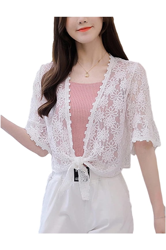 Women's Floral Lace Tiefront Cardigan Cute Half Sleeve Sheer Bolero Shawl Cover Up