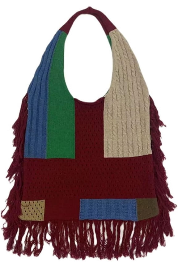 Women's Handwoven Aesthetic Hobo Bag Hippie Artist Color Block Crochet Shoulder Bag Fringed Knitted Handbag Purse